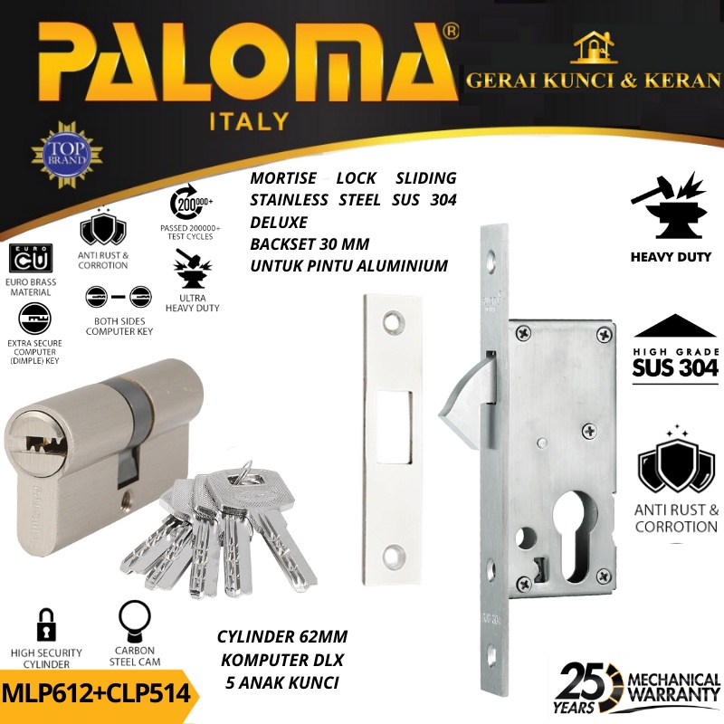 PALOMA MORTISE LOCK CYLINDER MLP 612 CLP 514 BODY KUNCI SLIDING 30MM CYLINDER 62MM KOMPUTER KEY SN