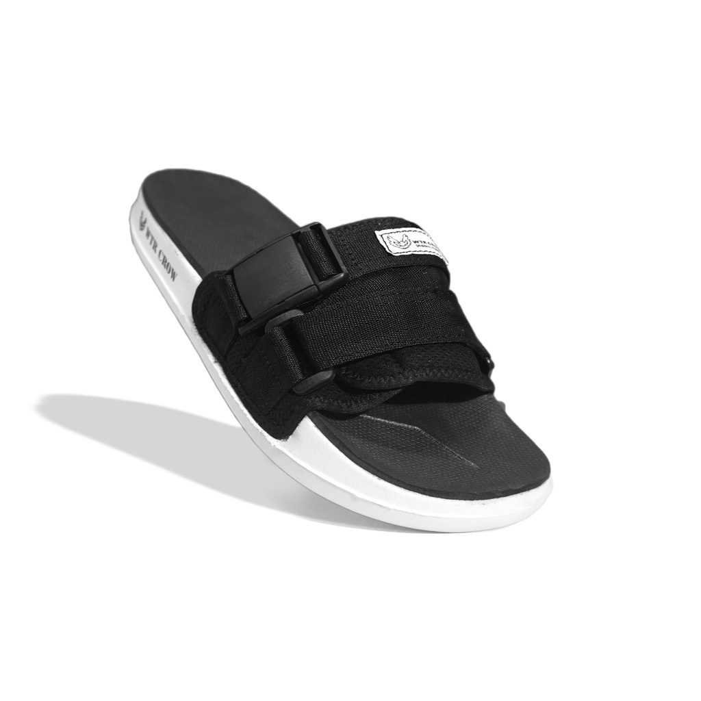 Sandal Slide Pria Slip On Simple Ringan Hitam Putih WTR Crow Araby Black White