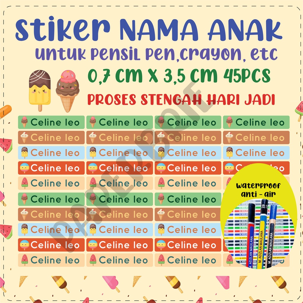 [Sticker Pensil Ice Cream] Sticker Nama Anak pensil lucu label nama anak stiker crayon motif Ice cream eskrim