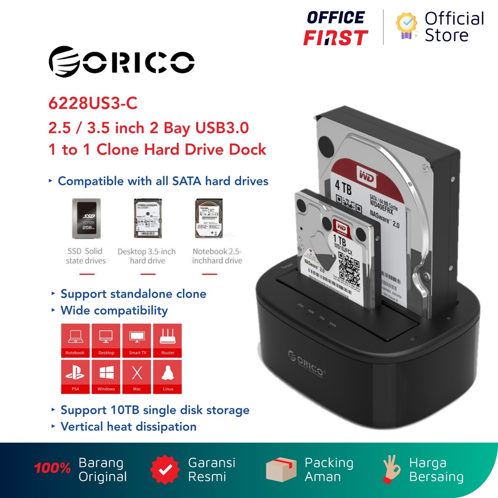 ORICO 6228US3-C 2.5 3.5 in Dual Bay USB 3.0 1 to 1 Clone HDD SSD Dock