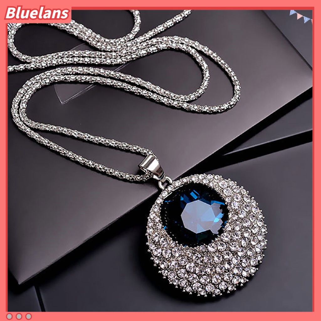 Bluelans Kalung Rantai Panjang Liontin Bulat Aksen Berlian Imitasi Gaya Vintage Untuk Wanita