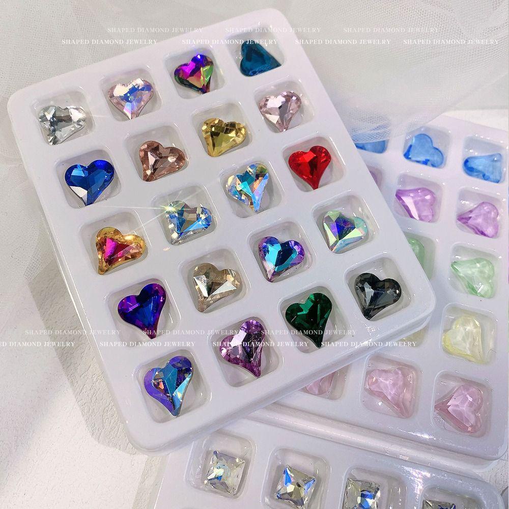 Mxbeauty Nail Art Rhinestones Glitter 20 Pcs/Set Fashion Wanita Menunjuk Kembali Membuat Perhiasan Miring Hati DIY Craft Kaca Batu Kuku Charms