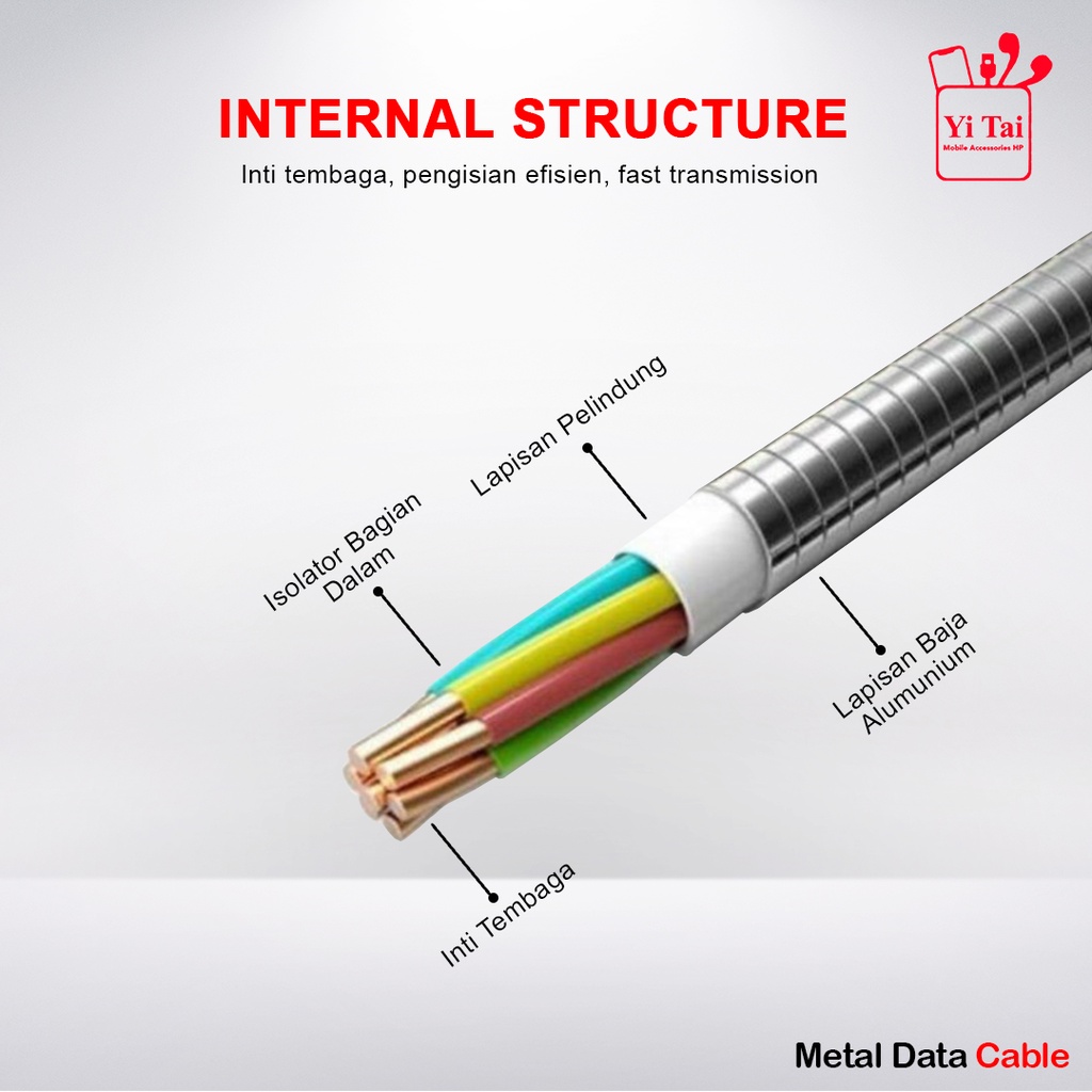 KABEL DATA MICRO USB FAST CHARGING 3A LAPIS BESI STAINLESS YI TAI YMB-10