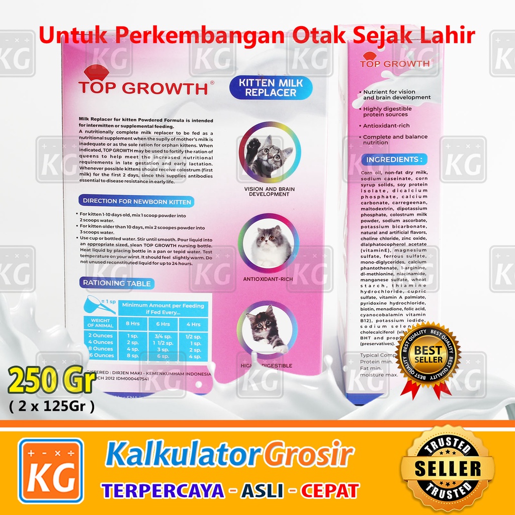 Susu Kucing Top Growth Milk Sachet 250gr Kitten Cat 250 gram Baby Milk 0 - 2 bulan / Bayi Kucing Cat Milk Setara Growssy 125gr x 2