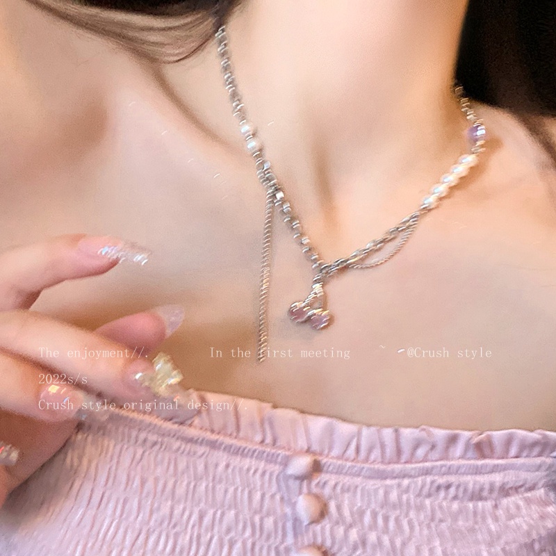 IFYOU Kalung Rantai Choker Liontin Cherry Pink Gaya Vintage Untuk Wanita