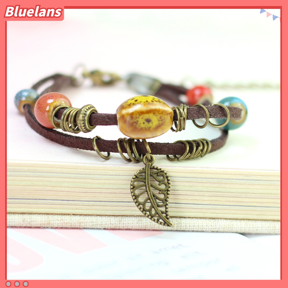 Gelang Tali Kulit Imitasi Lapisan Ganda Hias Manik-Manik Daun Keramik Gaya Bohemian Untuk Wanita