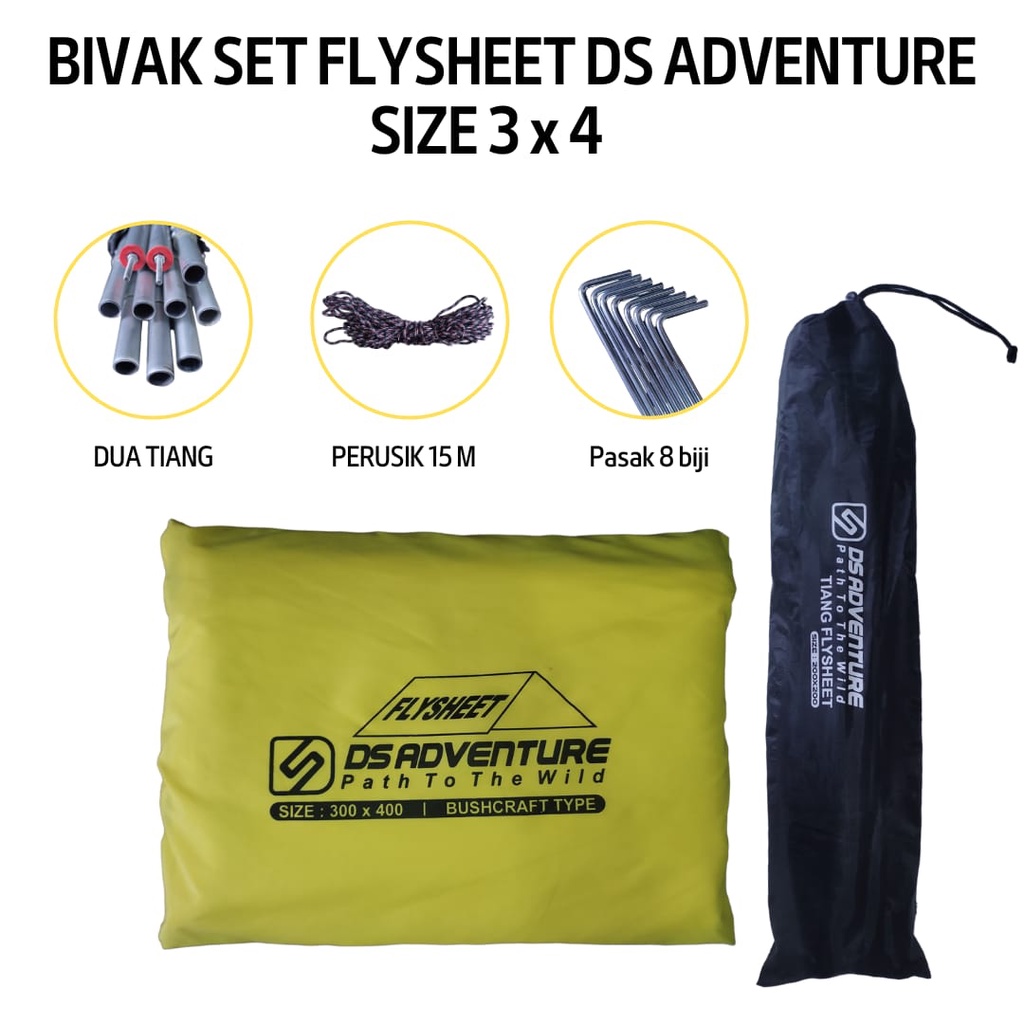 Flysheet Set 3x4 Bivak Set Ds adventure ( flysheet 3x4, tiang tenda, pasak tenda dan tali ) tenda darurat Paket lengkap flysheet atap tenda waterproof anti air