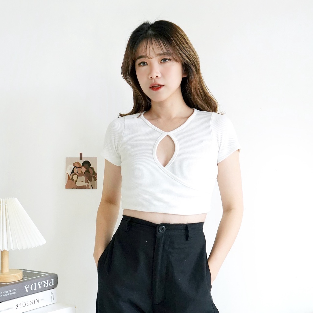 Korean Crop Top O-Neck Top Knit Wanita Polos 155