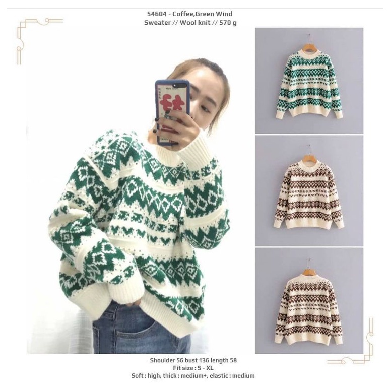 Sweater rajut jumbo cewek motif cantik hijau coklat lengan panjang