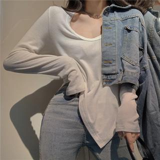 DF BJ283 Baju Wanita Korean Basic Crop Top U-Neck Atasan Wanita Lengan Panjang (M-XXL)