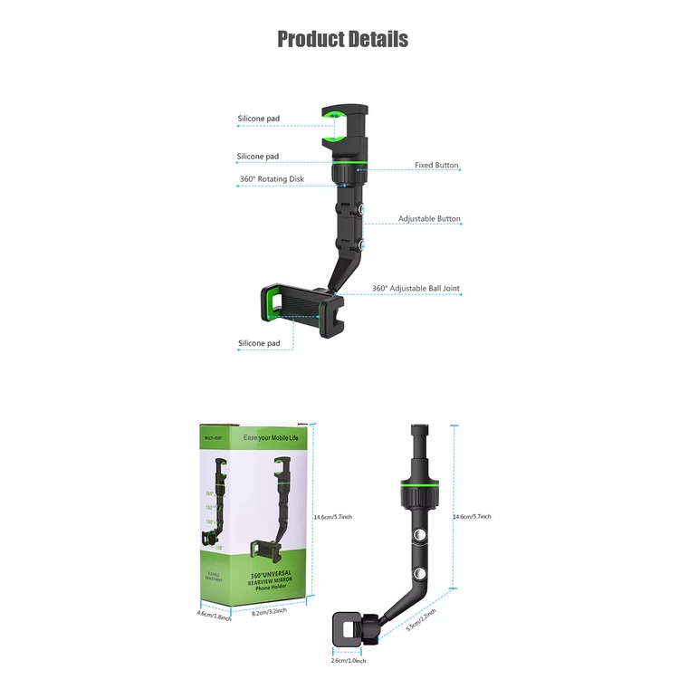 Holder Hp Mobil Jepit Spion Tengah / Kursi Belakang  360 Derajat Rotasi / Dudukan Handphone Meja Kerja / Lemari Universal Model HD55