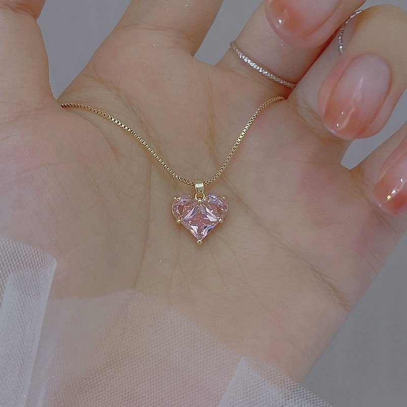 Kalung Choker Rantai Emas Hias Kristal Hati Pink Untuk Wanita