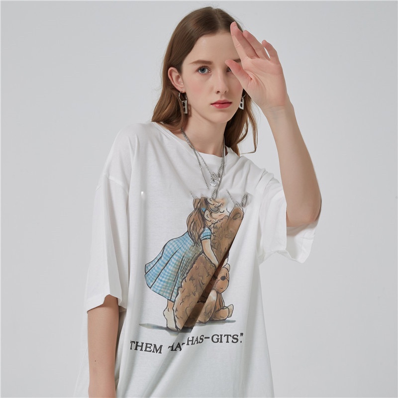 EUNII T-shirt Lengan Pendek Gadis Beruang Pencetakan Longgar Korean Style/Kaos Atasan Wanita/Baju Kaus Oversize Wanita