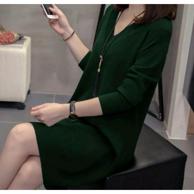 TUNIK KOREAN STYLE - Baju Wanita Kekinian V-NECK - Bahan Rajut Premium