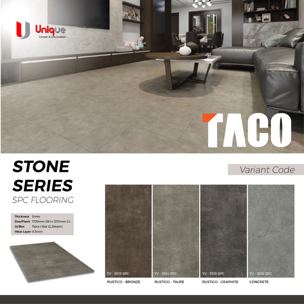 TACO SPC Flooring 5mm Stone Series / Lantai SPC Taco Sistem Click Semen / SPC Model Klik Tanpa Lem