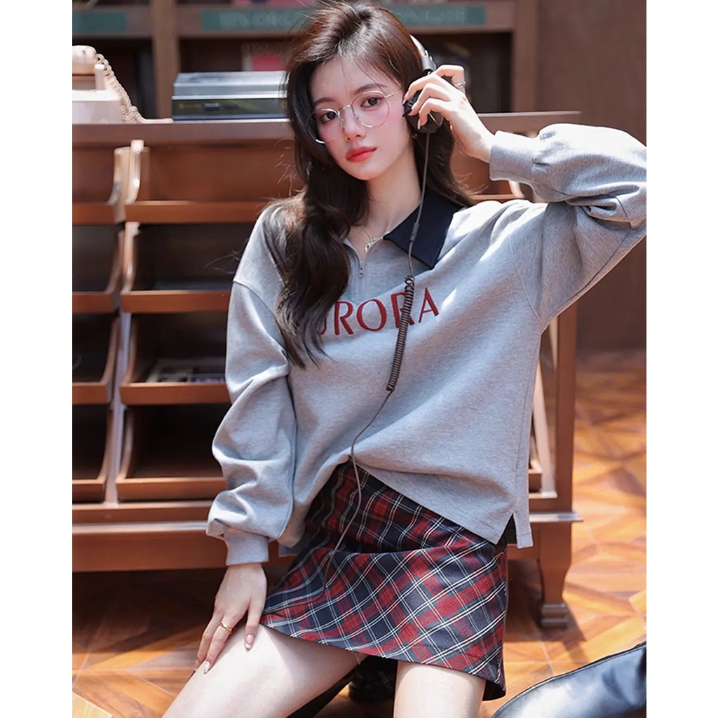 Sweater Wanita | AURORA Sweater Kerah ziper Wanita Oversize | Sweater Korean Style Wanita Outfit Kekinian