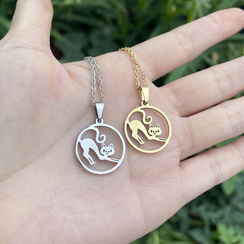 Kalung Rantai Dengan Liontin Bentuk Kucing Geometris Bulat Model Hollow Untuk Wanita