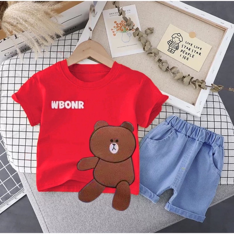 setelan baju kaos celana pendek jeans bayi anak unisex motif bear teddy wbonr denim usia 6 bulan-5 tahun best quality terbaru terlaris/ setelan baju kaos celana pendek jeans bayi anak laki-laki/ setelan baju kaos celana pendek jeans bayi anak perempuan