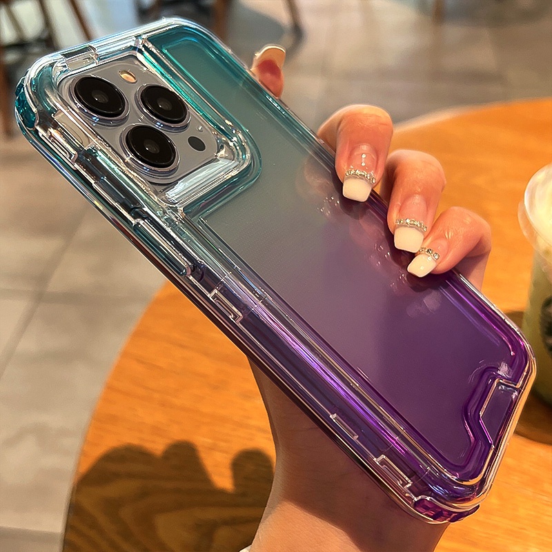 3 IN 1 Case Pelindung Belakang Tahan Banting Warna Gradasi Untuk iPhone 14 13 12 11 Pro MAX XS MAX XR 7 + 8 Plus