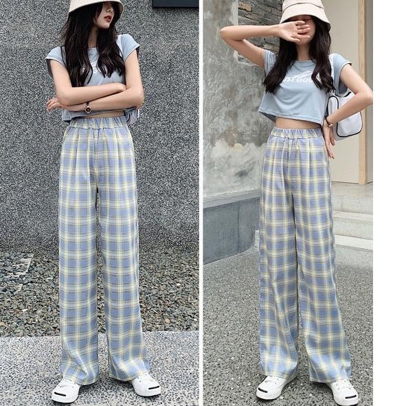 Booming Celana Kotak Kotak Wanita Celana Highwaist Wanita Kulot Celana Korea Pinggang Elastis Celana