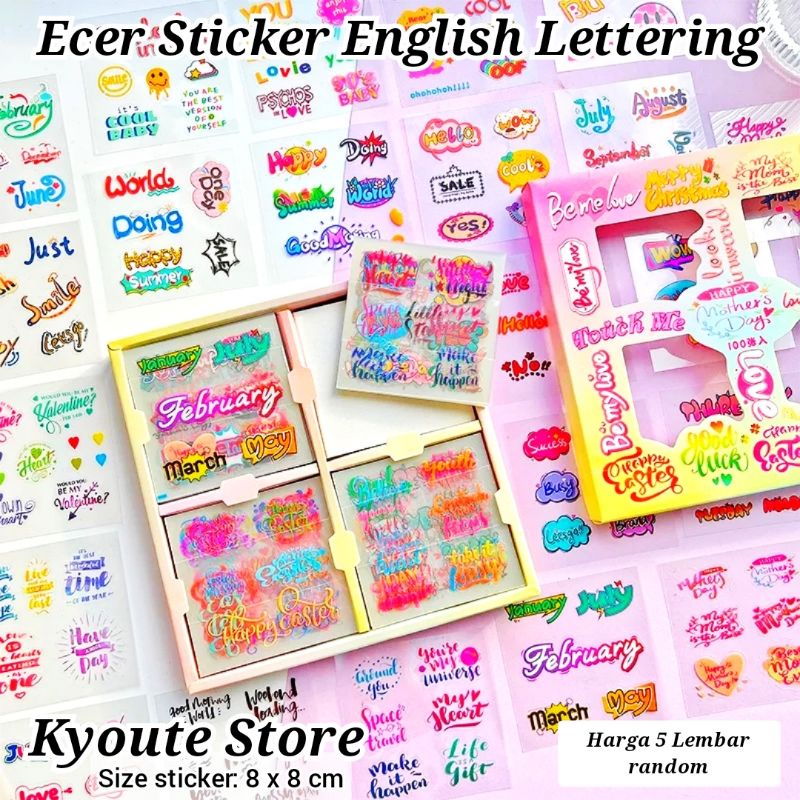 

5 Lembar Sticker Colorful English Word Lettering Journal Scrapbook Diary Waterproof