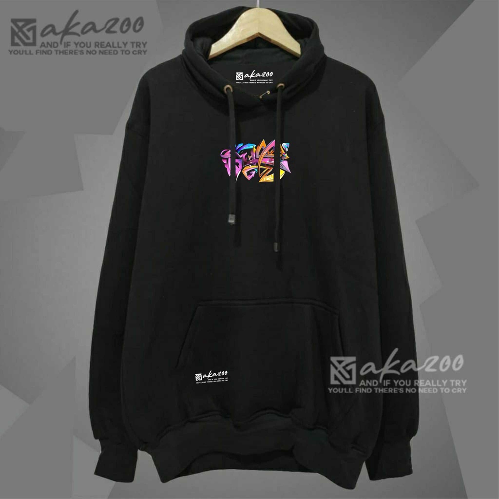 hoodie pria distro aesthetic graffity simpel Warna hitam merek akazoo SELA grafiti sablon puti Motif polos dan prins dan huruf gaya atletis korean street style Bahan katun jenis Lengan Panjang  Musim Dingin  hoodie oversize pria korean style  zipper hoodi