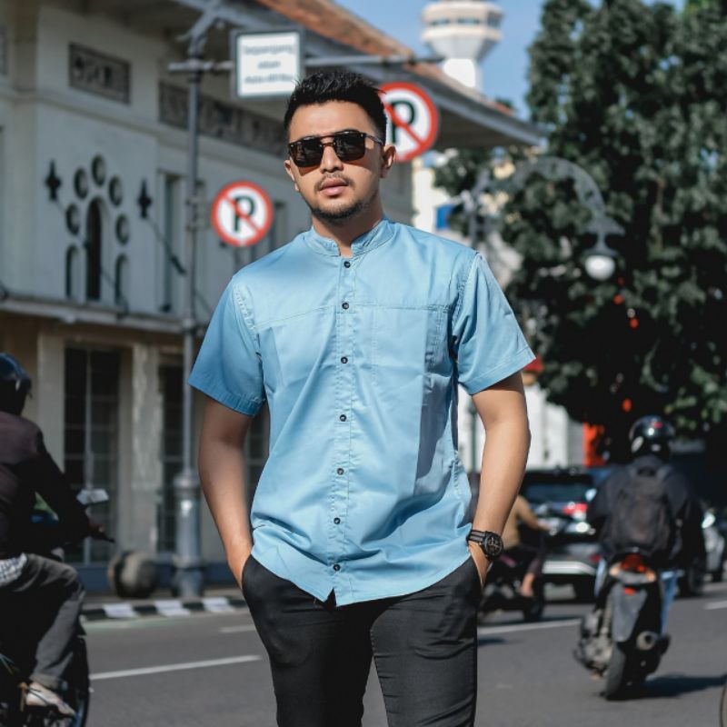 Kemeja Koko Pria Lengan Pendek Katun Toyobo Baju Koko Pria Lengan Pendek Warna Biru Wardah