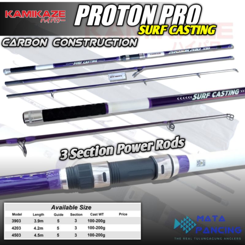 Joran pancing surf sambung 3 kamikaze proton pro 390 420 450 carbon construction