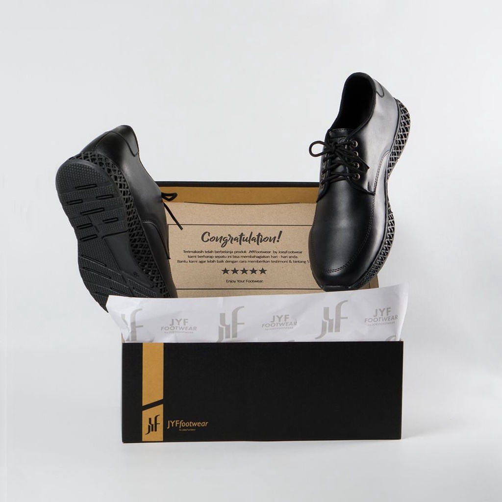 WIN BLACK ORIGINAL x JOEY Sepatu Formal Full Hitam Tali Pria Pantofel Kerja Kantor Dinas Resmi Guru Kantoran Wisuda Kuliah Pesta Pernikahan Kondangan Nikah Undangan Wedding Modern Oxford Casual Derby Semi Kulit Premium JYF Footwear Keren Terbaru Branded