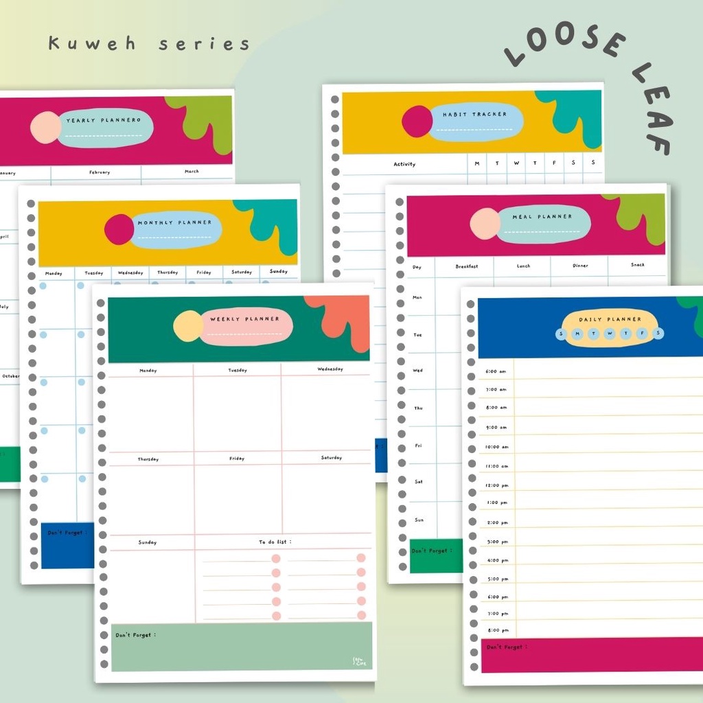 

Loose Leaf / Isi Binder Solucine - 12 Lembar - A5 / B5 - Kuweh Series - Yearly Planner / Monthly Planner / Weekly Planner / Daily Planner / Meal Planner / Habit Tracker / Study Planner / To do List / Shopping list
