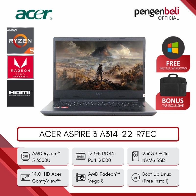 LAPTOP GAMING ACER SLIM  [AMD RYZEN 5 3500U / RAM 12GB / SSD 256GB / AMD RADEON VEGA 8 GRAPHICS / 14