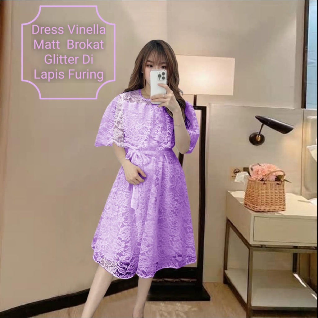 Dress Wanita Midi Kekinian Terbaru Kondangan/Pesta Matt Brokat Glitter Murah Berkualitas/Dress Vinella Size L-XL/Dress Natal Wanita Remaja Terbaru