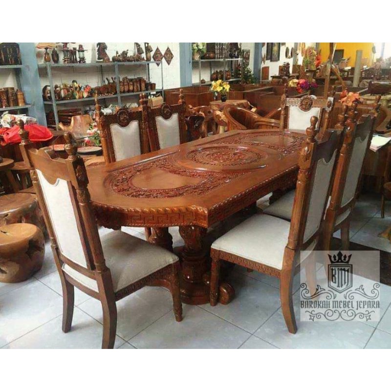 Meja makan Mewah Jati Kursi 6 Bonus Gratis Kaca meja