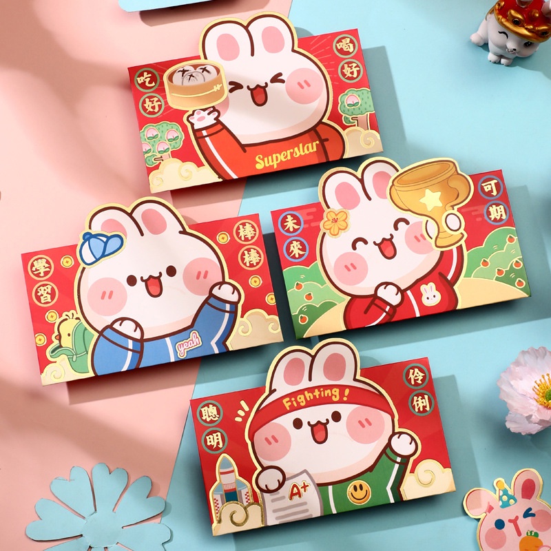 4 Pcs Amplop Angpao Merah Motif Kartun Kelinci Untuk Tahun Baru Cina 2023