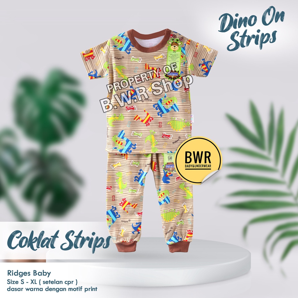 [ 3 Setel ] CPR Ridges Dino On Strips Terbaru / Setelan Ridges Baju Bayi Piyama Anak Unisex Kaos Pendek Celana Panjang Terlaris 10rs | Bwr