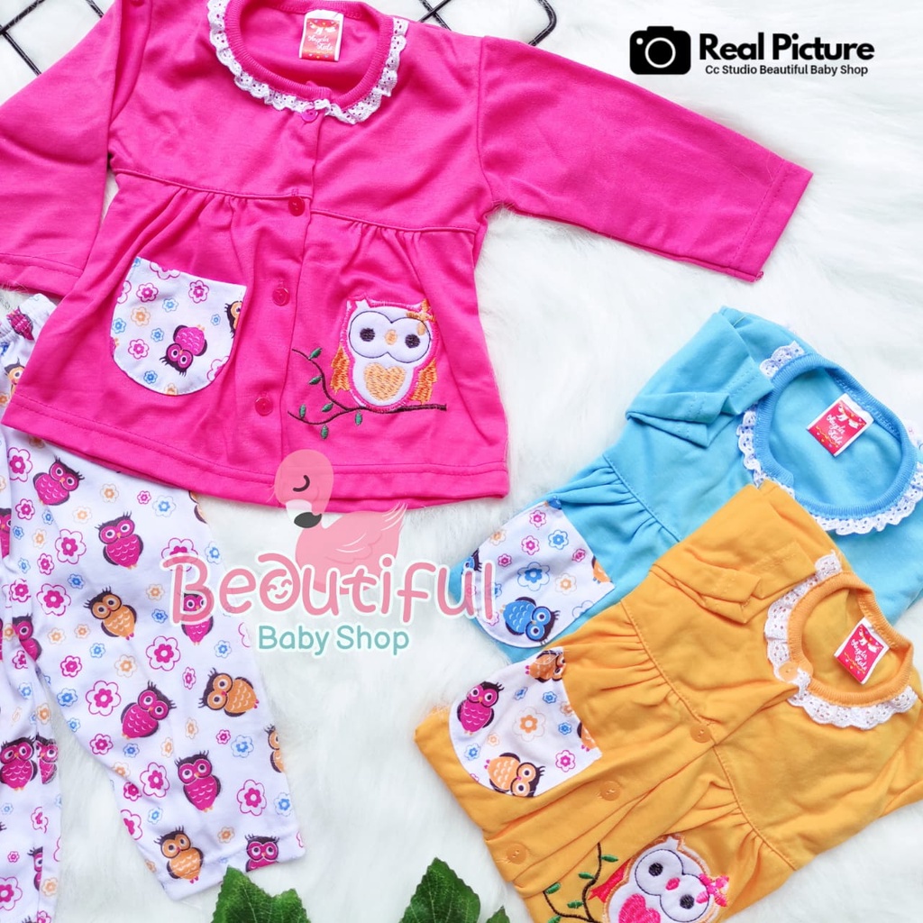 Baby.ou - Setelan Baju Bayi Lengan Panjang Celana Panjang Motif Bordir OWL / Setelan Piyama Bayi Perempuan 3-12 Bulan / Baju Bayi Perempuan Yeiko