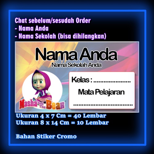 

Stiker Label Buku Masha & the bear dan kartun lucu Karakter Lucu Custom Lebel Nama cromo murah 20 Varian berbeda Sticker Pelajaran Mapel buku anak sekolah Vol 15