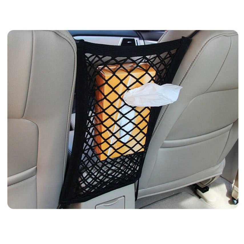 Jaring Tengah Jok Mobil Net Mesh Penyimpanan Organizer Samping Double Kantong Barang Car Seat Center Storage Cargo Elastis 2 Lapis Botol Tissue