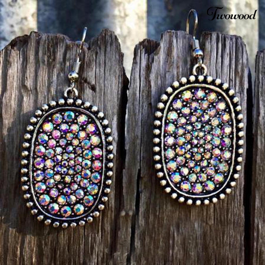 Anting Hook Bentuk Oval Aksen Berlian Imitasi Warna-Warni Gaya Vintage Untuk Wanita