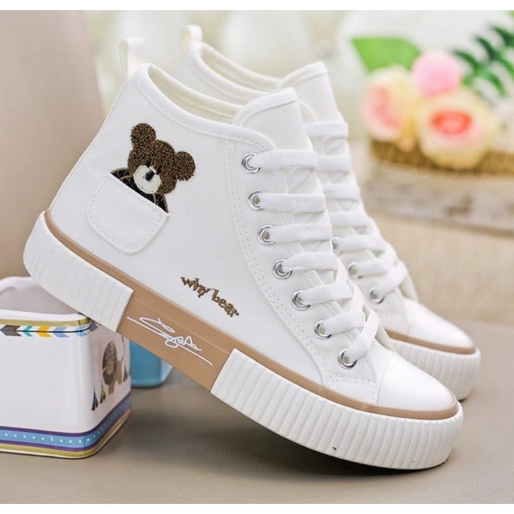 sepatu wanita Sneakers canvas bertali model Teddy Bear korean girl