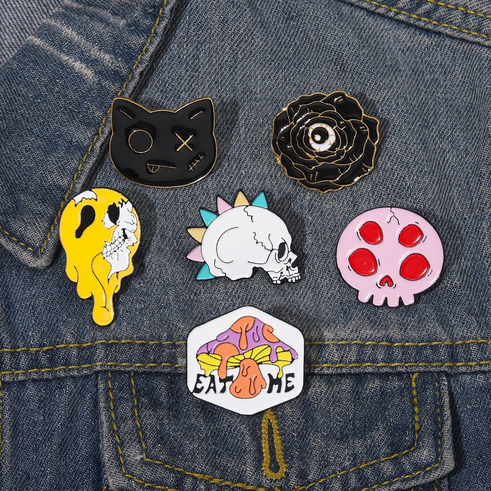 Bros Pin Enamel Bentuk Jamur Tengkorak Kucing Gaya Punk Gothic Untuk Hadiah Halloween