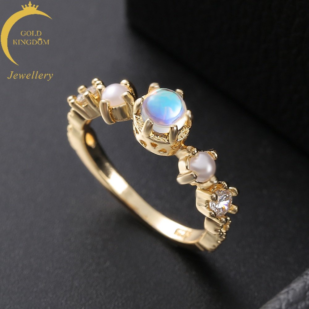 Goldkingdom Perhiasan Fashion 24K Bangkok Aksesoris Ready Stock White Moonstone Pearl Ring for A Woman Cincin Tunangan Lapis Emas Asli Kadar 375