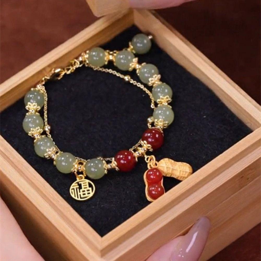 REBUY Rebuy Unisex Gelang Wanita Pasangan Hadiah Double Layer Gelang Karakter Keberuntungan Cina Warna Emas Rantai Niche Desain Manik-Manik Kaca Gelang Giok Imitasi
