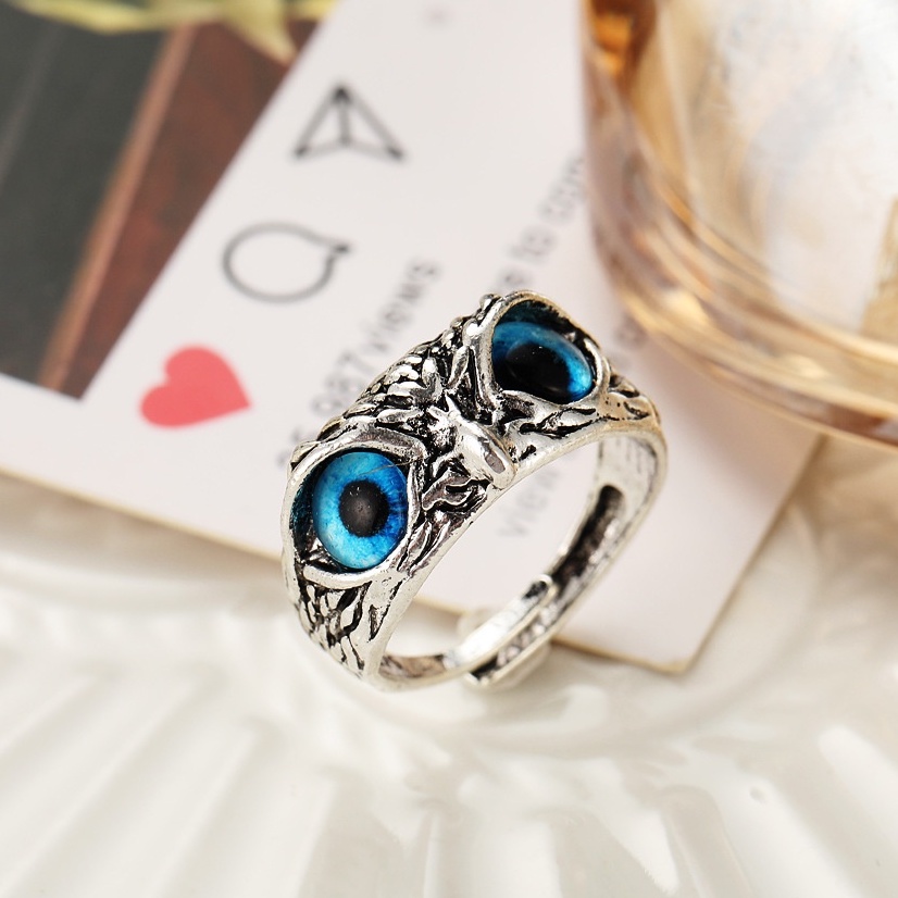 Cincin Model Terbuka Adjustable Desain Burung Hantu Mata Biru Gaya Vintage Untuk Pria Dan Wanita