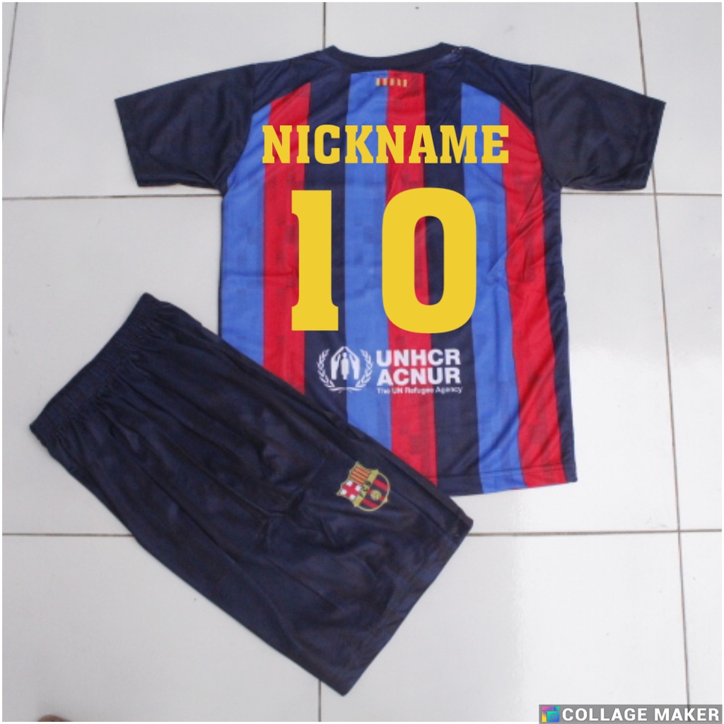 jersey setelan baju bola anak barcelona/baju bola barcelona printing usia 5-12thn