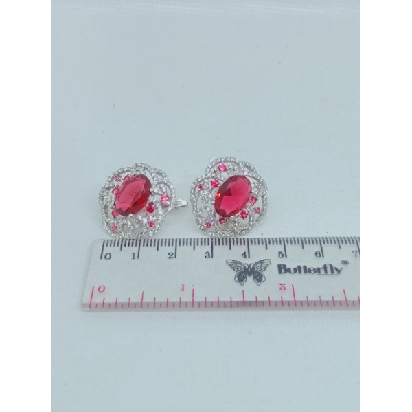 ANTING PERAK ASLI SILVER 925 LAPIS EMAS/ANTING JEPIT BATU MERAH+MATA PUTIH/ASLI SILVER/FASHION WANITA TERBARU