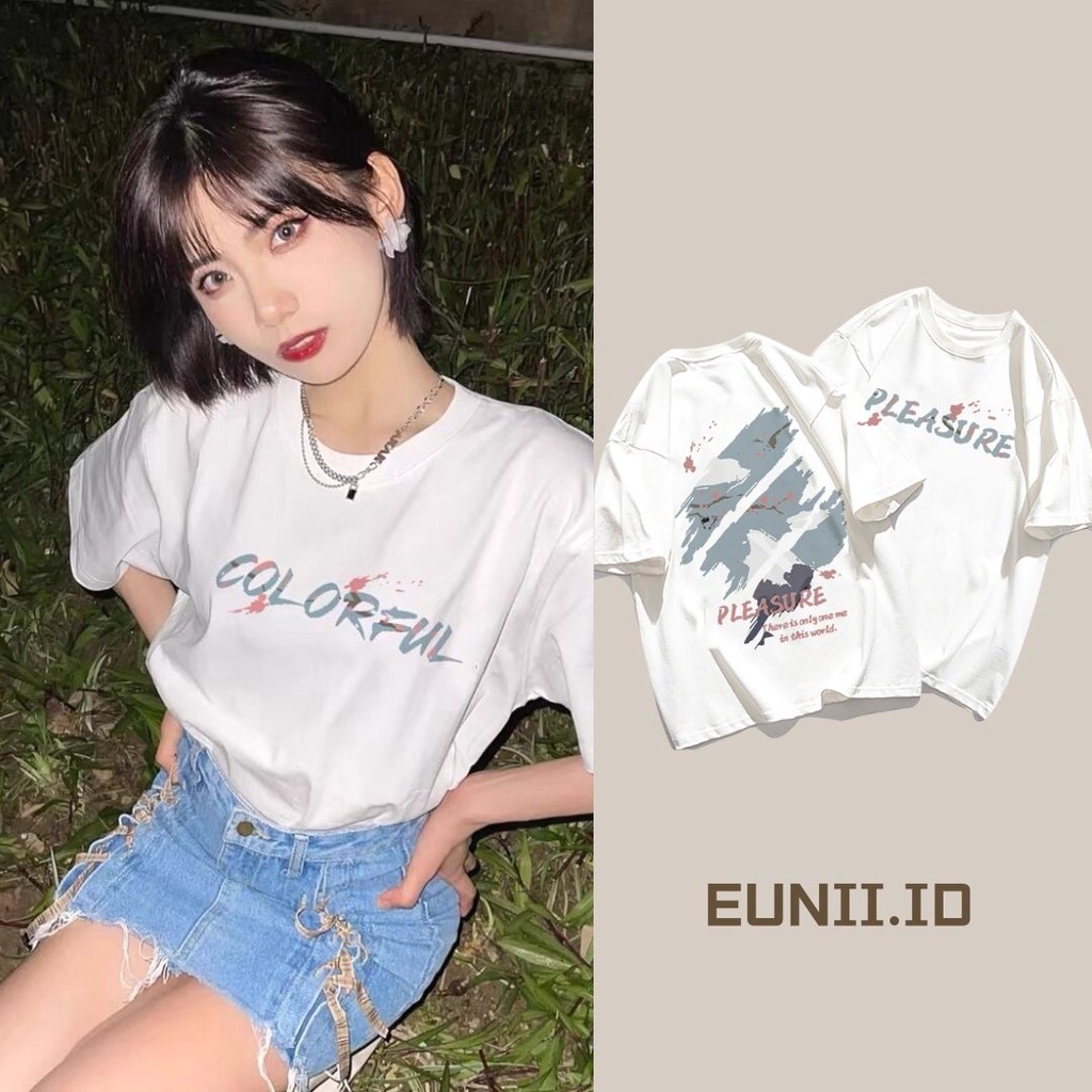 EUNII T-shirt Lengan Pendek Bunga Sakura Lanskap Pencetakan Longgar Korean Style/Kaos Atasan Wanita/Baju Kaus Oversize Wanita