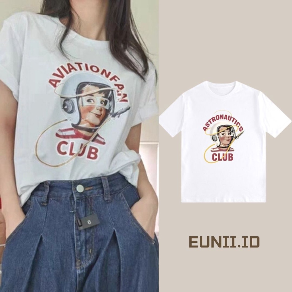 EUNII T-shirt Lengan Pendek Retro Kartun Pencetakan Longgar Korean Style/Kaos Atasan Wanita/Baju Kaus Oversize Wanita