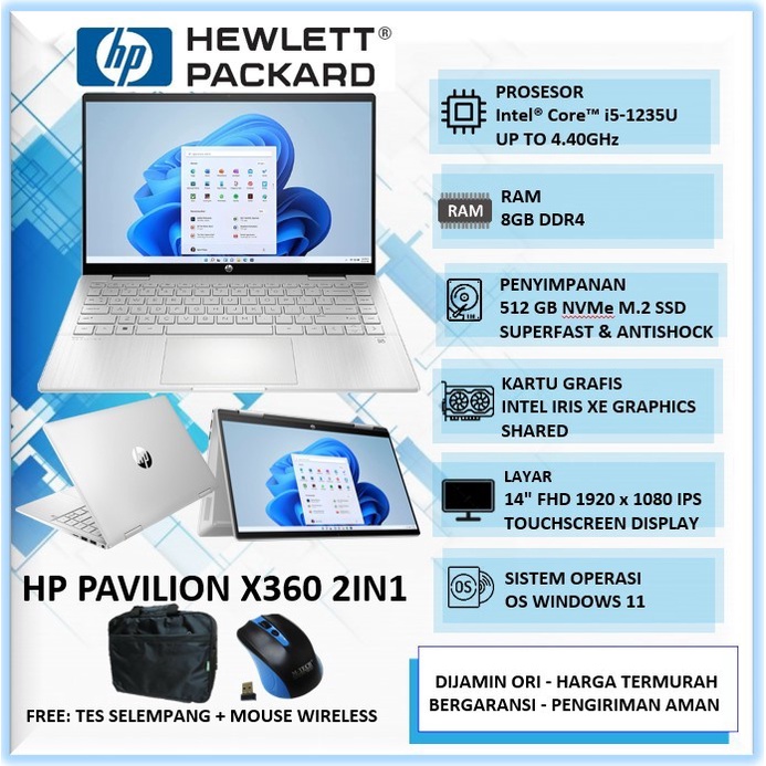 Laptop Desain Grafis 2 in 1 Touchscreen HP Pavilion X360 14 Touch Intel Core i5 GEN 12 Ram 8GB SSD 5