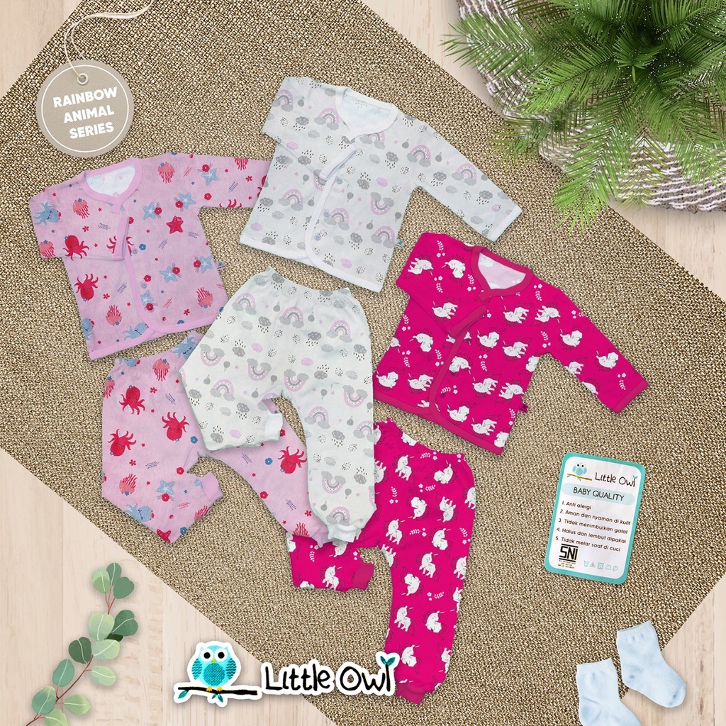 3Pcs Setelan Piyama Baju Panjang Celana Panjang Baju Pendek Celana Pendek Size 0-3 Newborn Little Owl